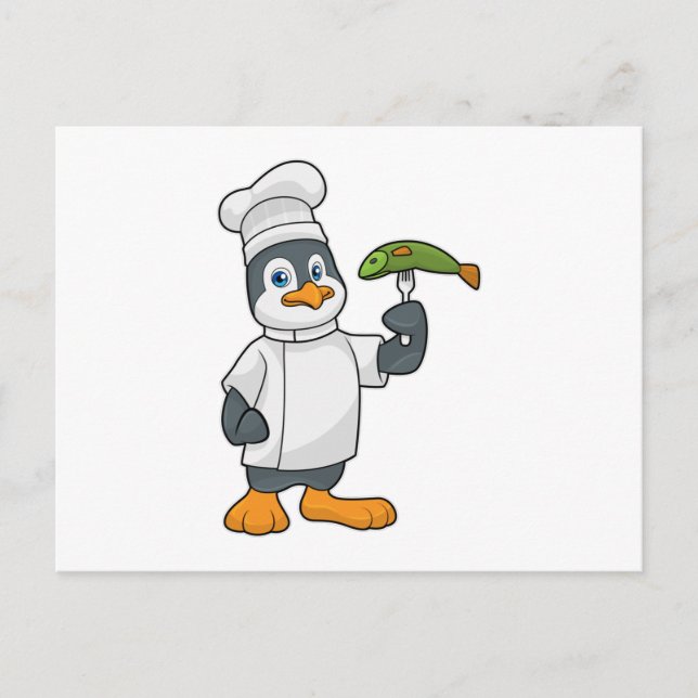 Carte Postale Pingouin à cuire avec tablier de poisson et de Cui (Devant)