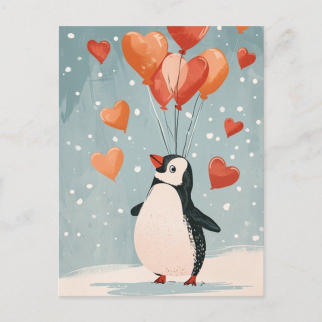 Carte Postale Pingouin adorable avec des ballons cardiaques (Devant)