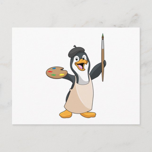 Carte Postale Pingouin as Painter with Paint brush & Colour (Devant)