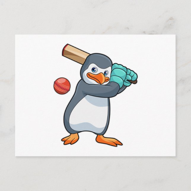 Carte Postale Pingouin au cricket avec chauve-souris de cricket (Devant)
