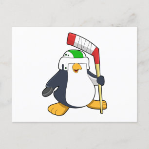 Carte Postale Pingouin au hockey sur glace avec bâton de hockey 