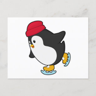Carte Postale Pingouin au patinage sur glace avec Casquette