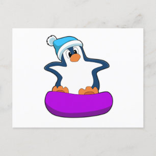 Carte Postale Pingouin au snowboard avec snowboard