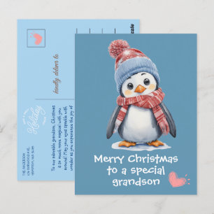 Carte Postale Pingouin Bébé Bleu mignon pour les enfants Noël
