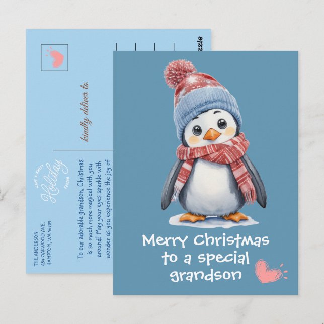 Carte Postale Pingouin Bébé Bleu mignon pour les enfants Noël (Devant / Derrière)
