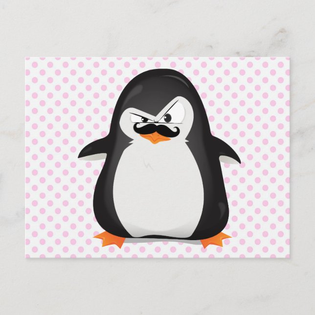 Carte Postale Pingouin Blanc Noir Mignonne Et Moustache Drôle (Devant)