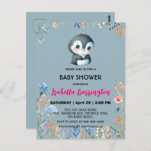 Carte Postale Pingouin bleu mou fleur douce baby shower enfants