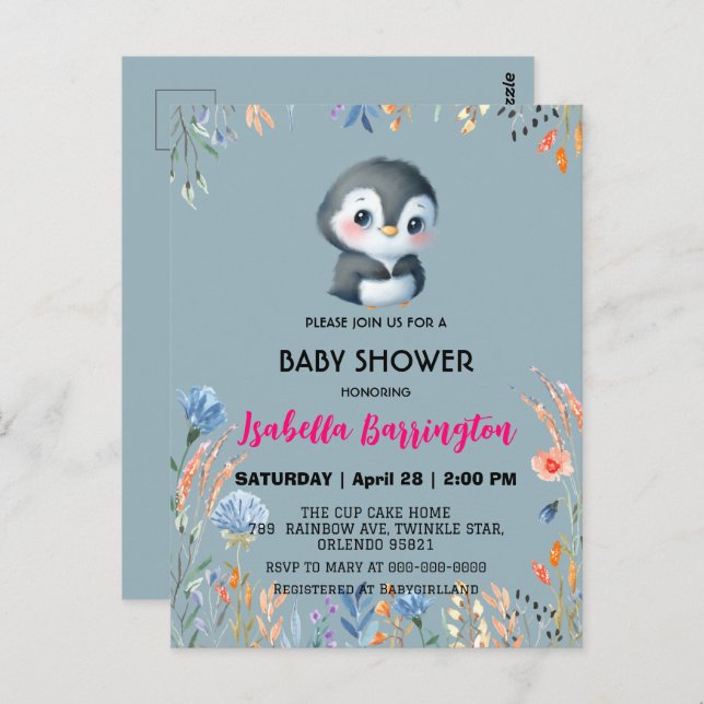 Carte Postale Pingouin bleu mou fleur douce baby shower enfants (Devant / Derrière)