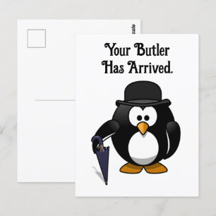 Carte Postale Pingouin Butler avec Parapluie mignonne Cartoon Oi