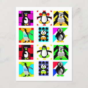 Carte Postale Pingouin Cartoon Oiseaux Collage d'art Abstrait