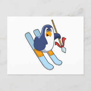 Carte Postale Pingouin comme skieur avec ski