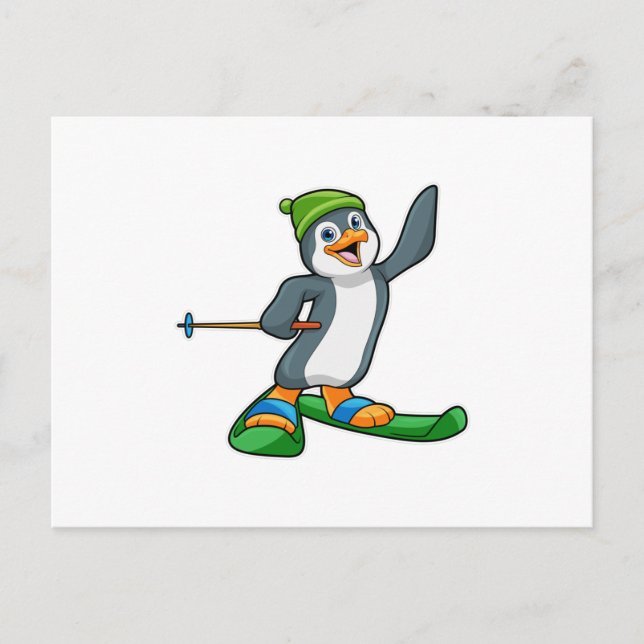 Carte Postale Pingouin comme skieur avec ski et Casquette (Devant)
