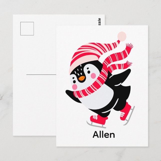 Carte Postale Pingouin de Noël dans un Casquette et écharpe sur  (Devant / Derrière)