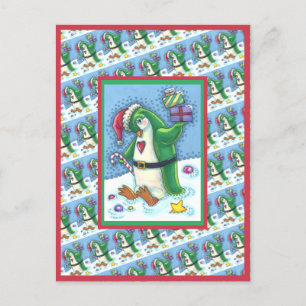 CARTE POSTALE PINGOUIN DE NOËL FRAÎCHE EN VERT, VACANCES