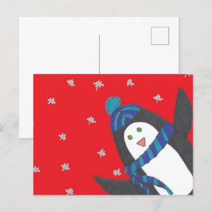 Carte Postale Pingouin de Noël mignon en rouge