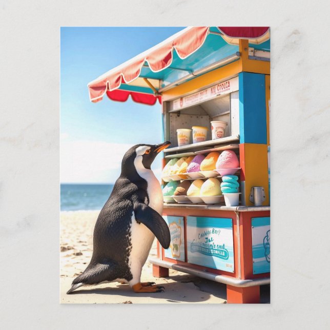 Carte Postale Pingouin D'Été Au Stand De Crème De Glace (Devant)