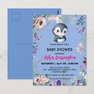 Carte Postale Pingouin doux mignon baby shower de fleurs rustiqu