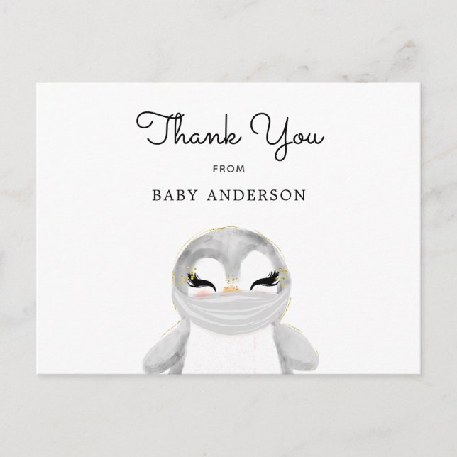 Carte Postale Pingouin en Masque Baby shower Merci (Devant)