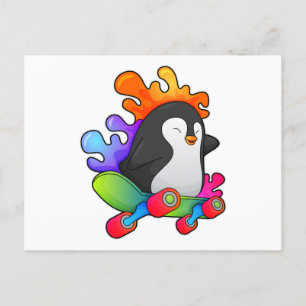 Carte Postale Pingouin en patinage avec skateboard