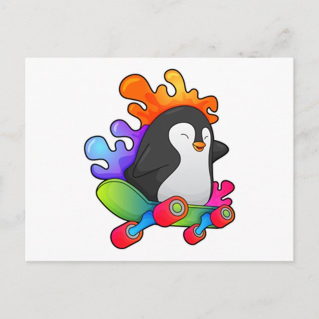 Carte Postale Pingouin en patinage avec skateboard (Devant)