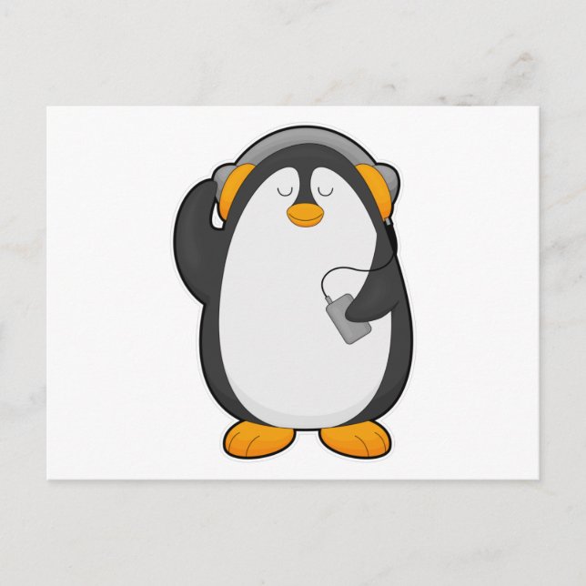 Carte Postale Pingouin et téléphone mobile avec casque (Devant)