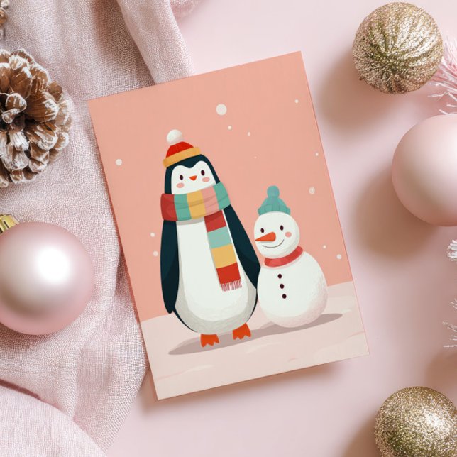 Carte Postale Pingouin mignon avec Snowman Pastel Noël rose (Créateur téléchargé)