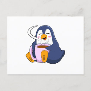 Carte Postale Pingouin with Cup of Coffee