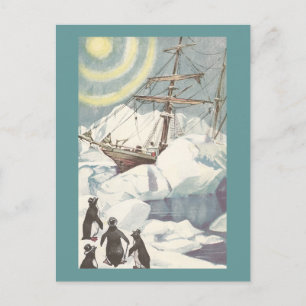 Carte Postale Pingouins et navire coincés dans la glace
