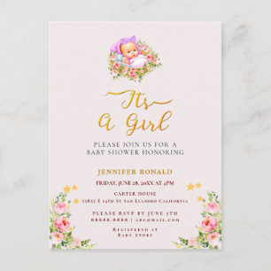 Carte Postale Pink and Gold Flower thème c'est un baby shower fi