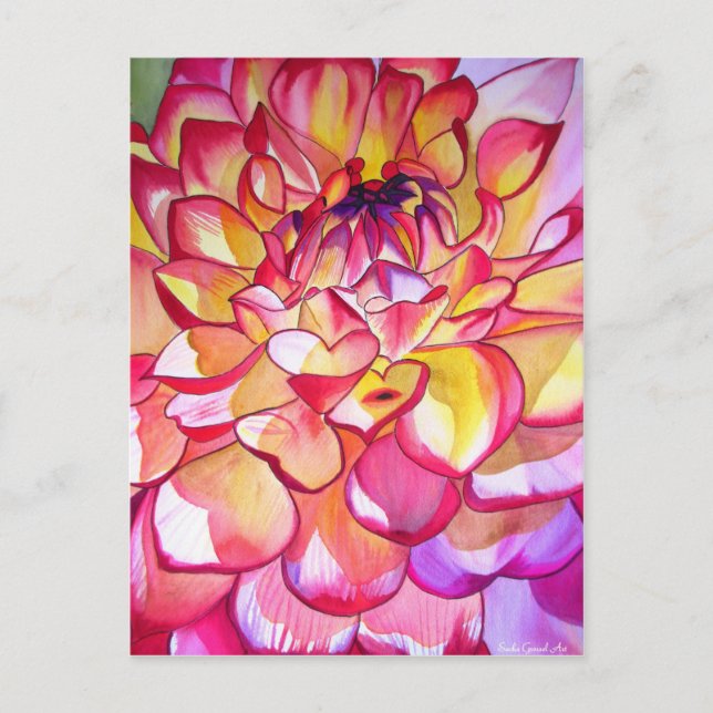 Carte Postale Pink Dahlia fleurs aquarelle art (Devant)