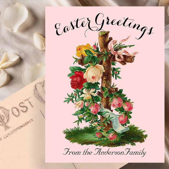 Carte Postale Pink Floral Cross Vintage Pâques Religieux (Créateur téléchargé)