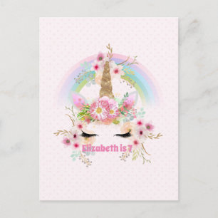 Carte Postale Pink Gold UNICORN Fleurs arc-en-ciel Filles NOMMÉE