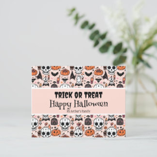 Carte Postale Pink Halloween Tricoter ou traiter Nom de famille 