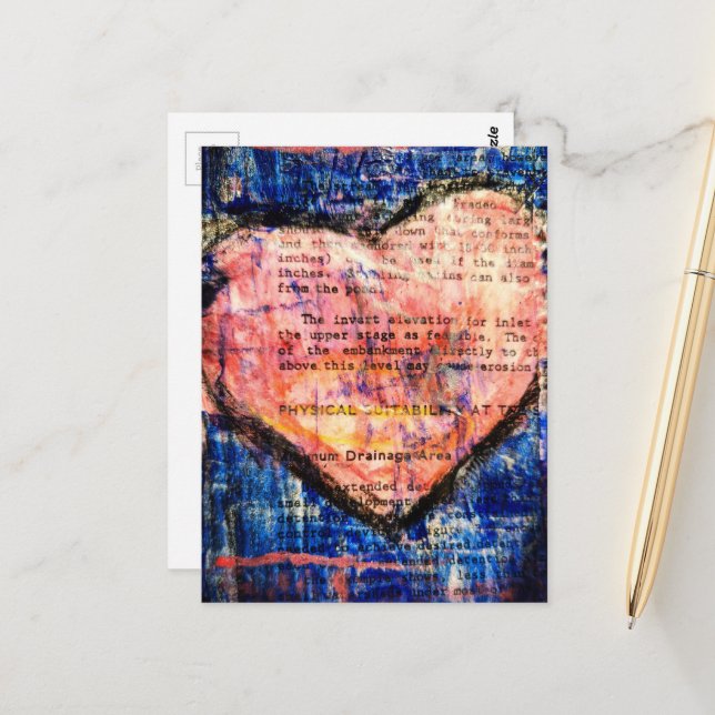 Carte Postale Pink Heart On Blue Mixed Media Collage (Devant/Arrière en situation)