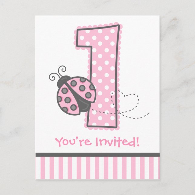 Carte Postale Pink Ladybug 1er Invitation anniversaire (Devant)