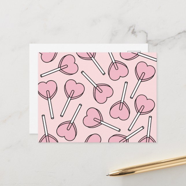 Carte Postale Pink Lollipops, Heart Lollipops, Lollipop Pattern (Devant/Arrière en situation)
