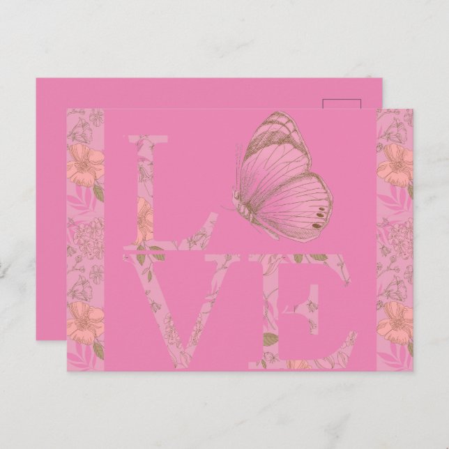 Carte Postale Pink Love Papillon Floral (Devant / Derrière)