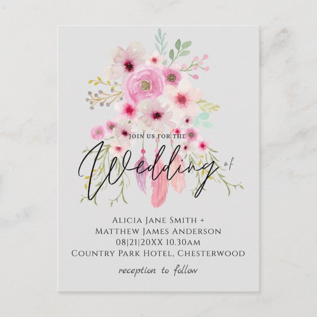 Carte Postale Pink Mauve BOHO Floral Feather Budget Mariage (Devant)