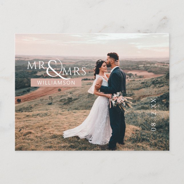 Carte Postale Pink Mr & Mrs Monogram Mariage Photo Merci (Devant)