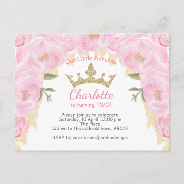 Carte Postale Pink Princess Floral Parties scintillant (Devant)
