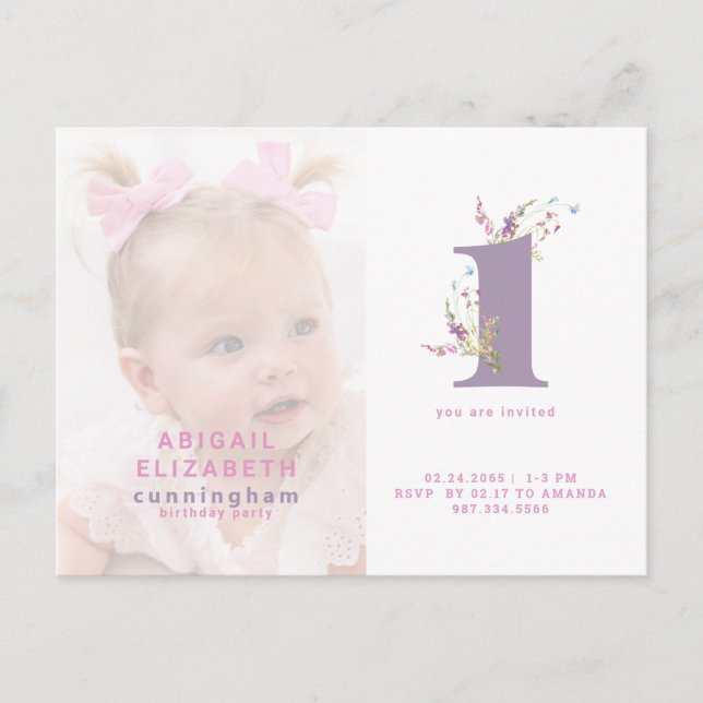 Carte Postale Pink & Purple Photo 1er Anniversaire Fête Invitati (Devant)