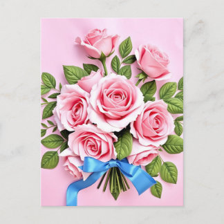 Carte Postale Pink Roses Bouquet Ribbon Illustration