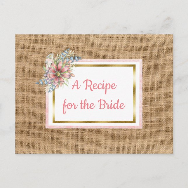 Carte Postale PInk Rustic Burlap Floral Mariage Recette Card (Devant)