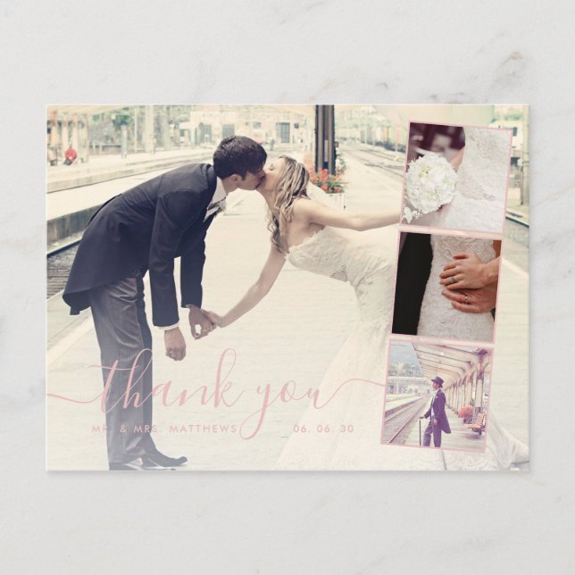 Carte Postale Pink Script 4 Photo Collage Mariage Merci (Devant)