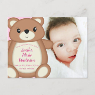 Carte Postale Pink Teddy Bear Faire-part de naissance bébé