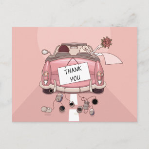 Carte Postale Pink Thank You Wedding Car Bride & Groom Cartoon