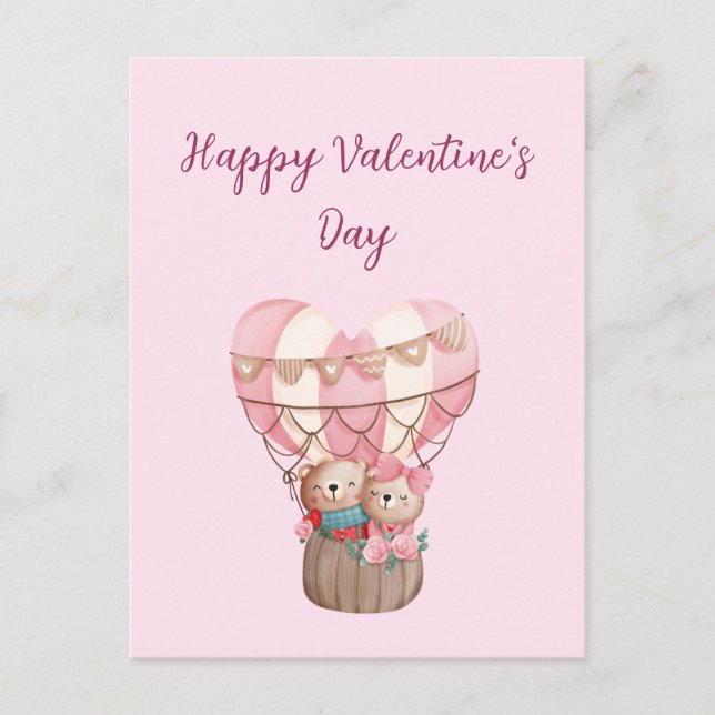 Carte Postale Pink Valentine's Day en peluche ours montgolfière  (Devant)