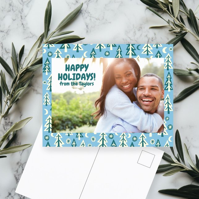 Carte Postale Pins de forêt La Lune Étoiles sur mesure (Forest Pine Trees Moon Stars CUSTOM PHOTO Holiday Christmas Postcard
)