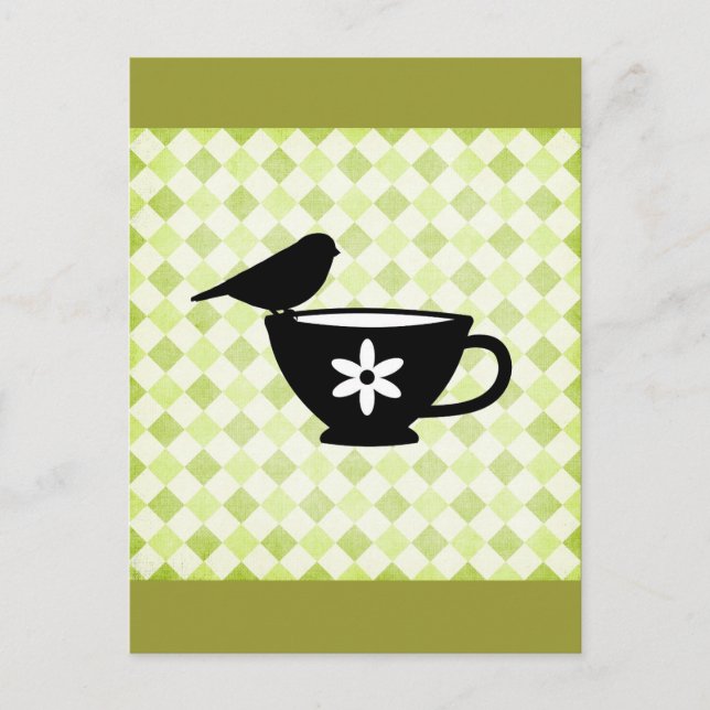 Carte Postale Pinson sur silhouette de tasse de thé (Devant)