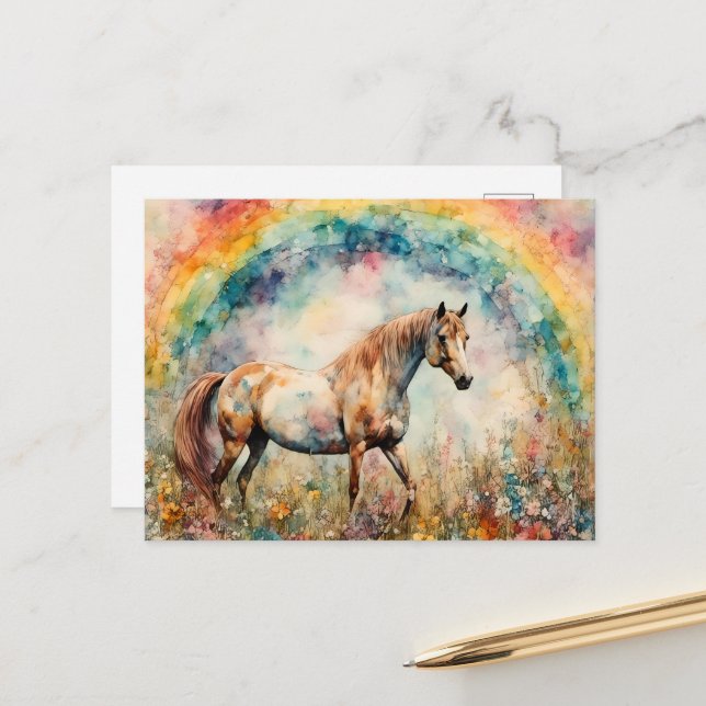 Carte Postale Pinto Mustang sous la prairie Fleur sauvage arc-en (Devant/Arrière en situation)